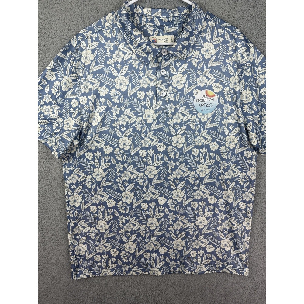 Laguna Polo Shirt Mens Large Blue White Floral Polo UPF 40 Sun Protection New